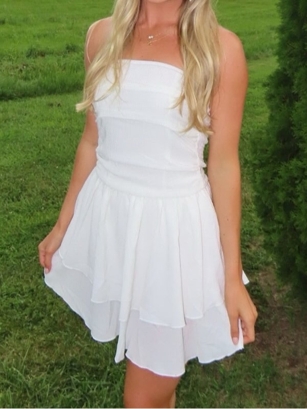 Strapless white mini dress